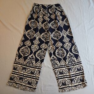 Droimp Boho Damask Paisley Flowy Wide Leg Pants Navy Cream Pattern Bohemian
